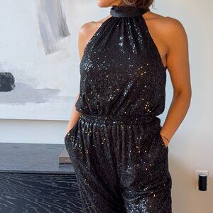 SEEK THE LABEL/BLACK SEQUIN JOGGER JUMPSUIT/SIZE: SMALL
